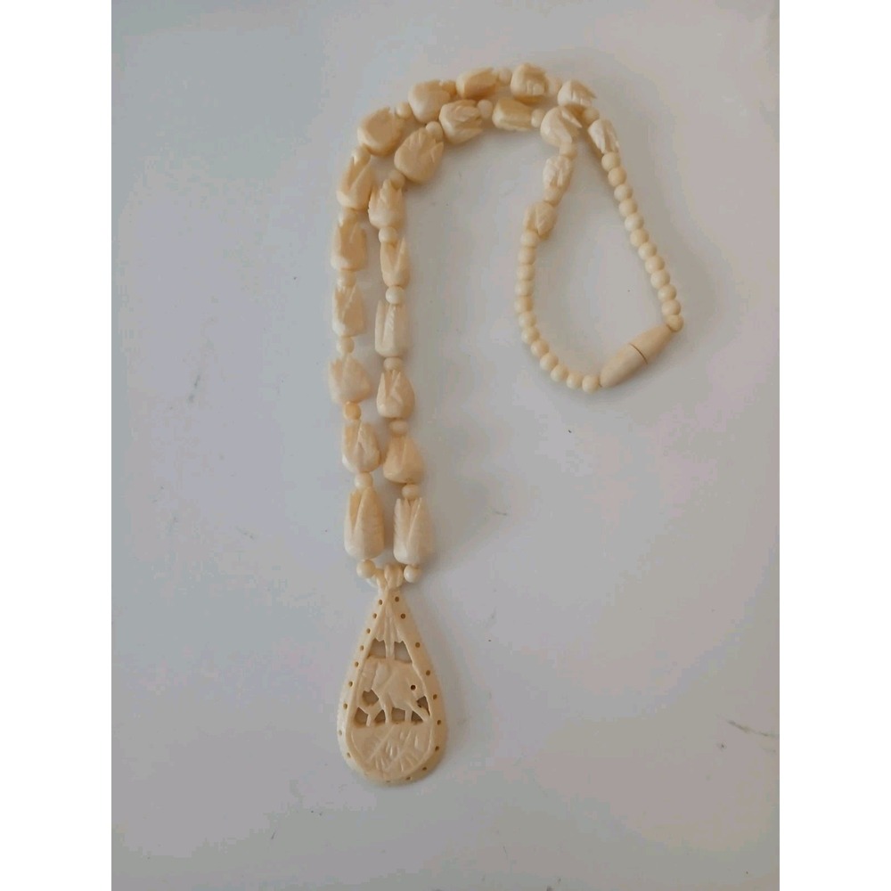 Vintage Carved Elephant Necklace with 2" Pendant